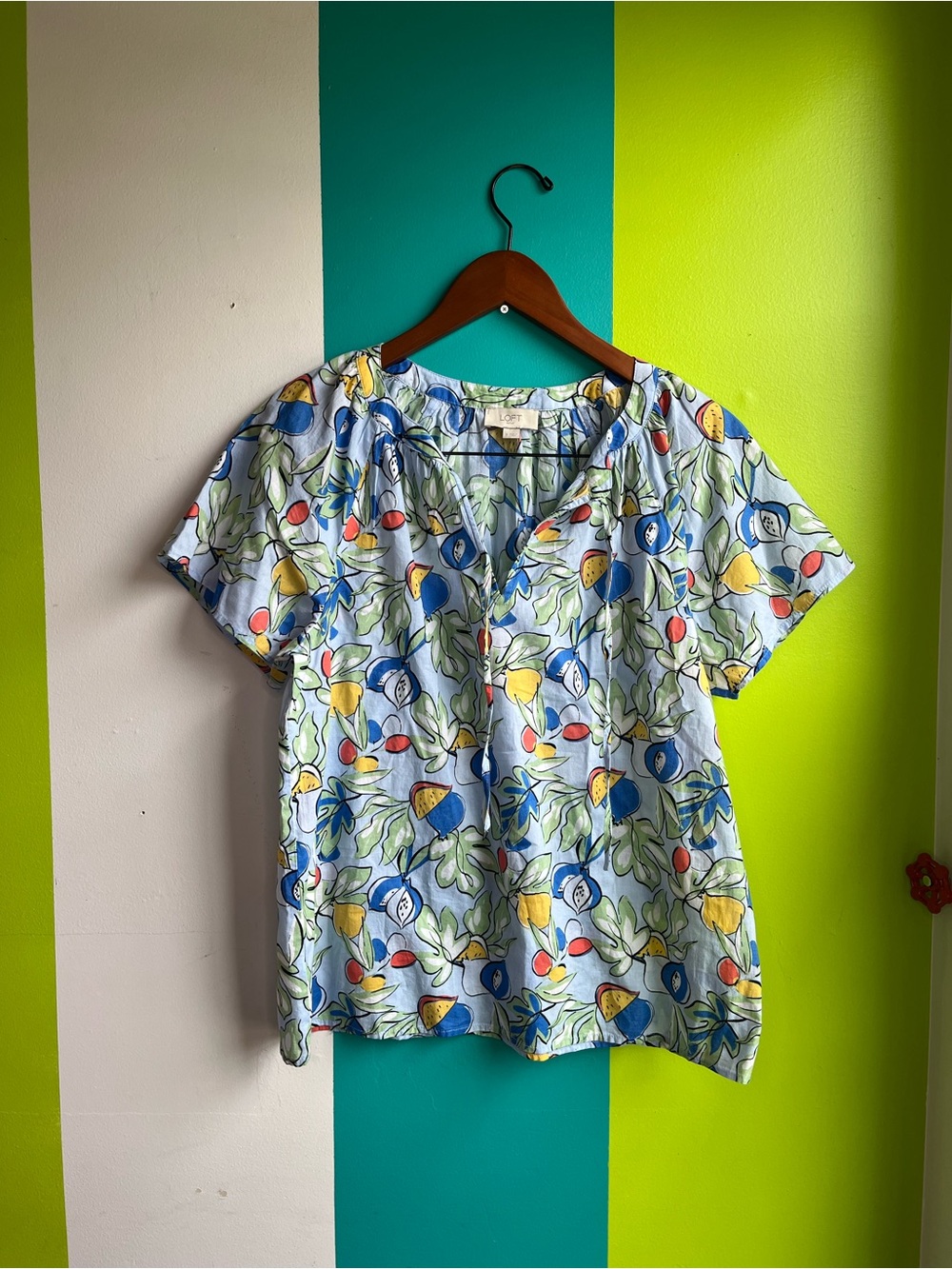 Loft Outlet Light Blue Botanical Fruit Print Women's Top